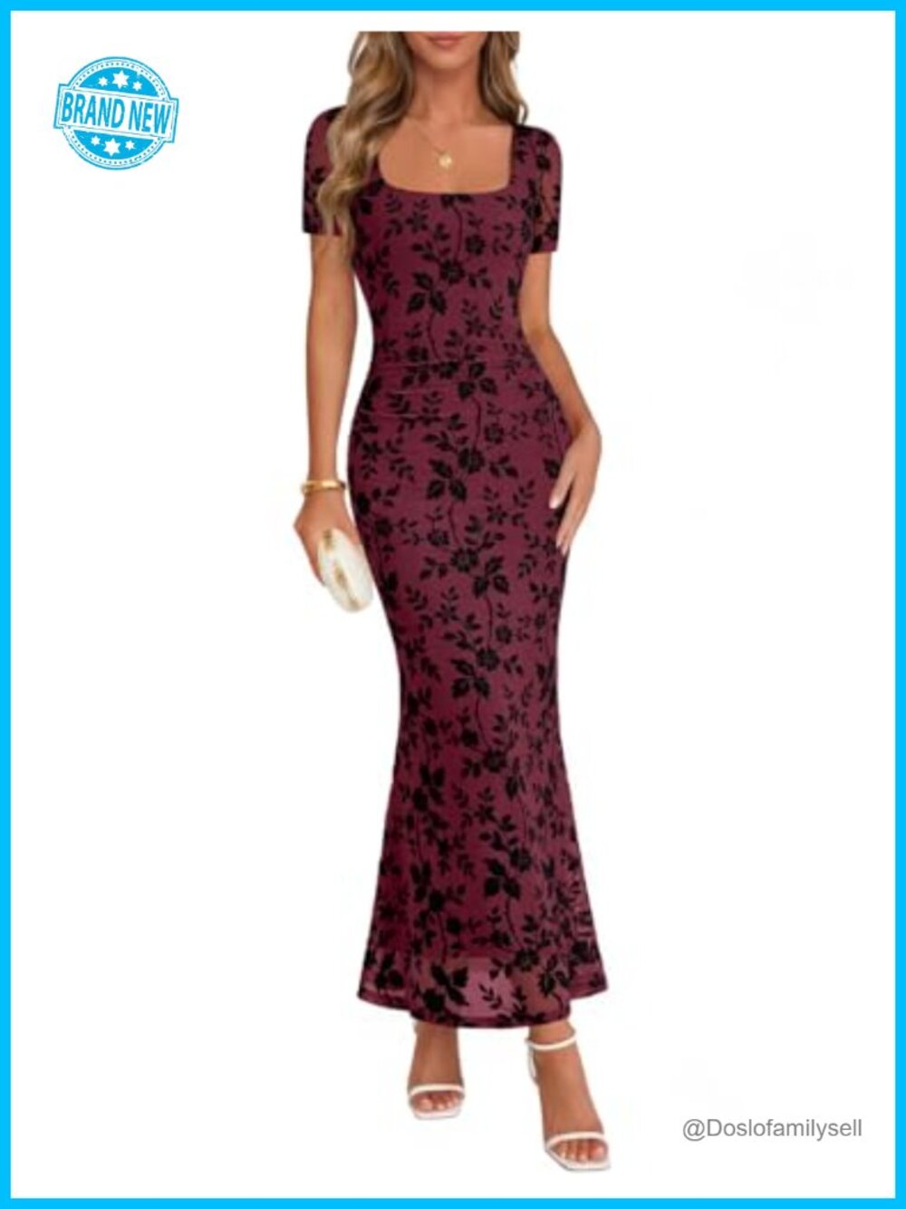 Womens Floral Mesh Maxi Dress Square Neck Short Sleeve Wedding Guest